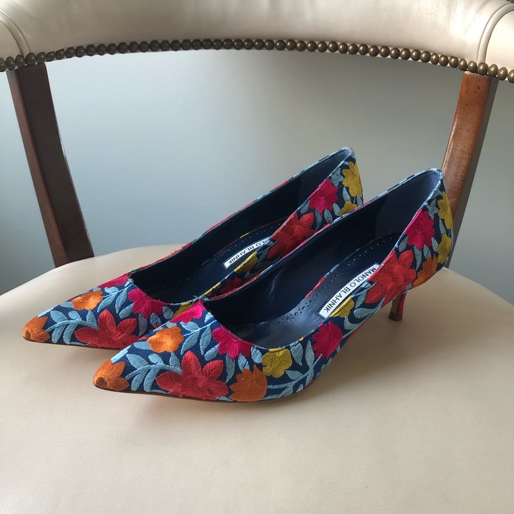 Manolo Blahnik Floral Embroidered Pumps - Blue, Red, Orange, Yellow
